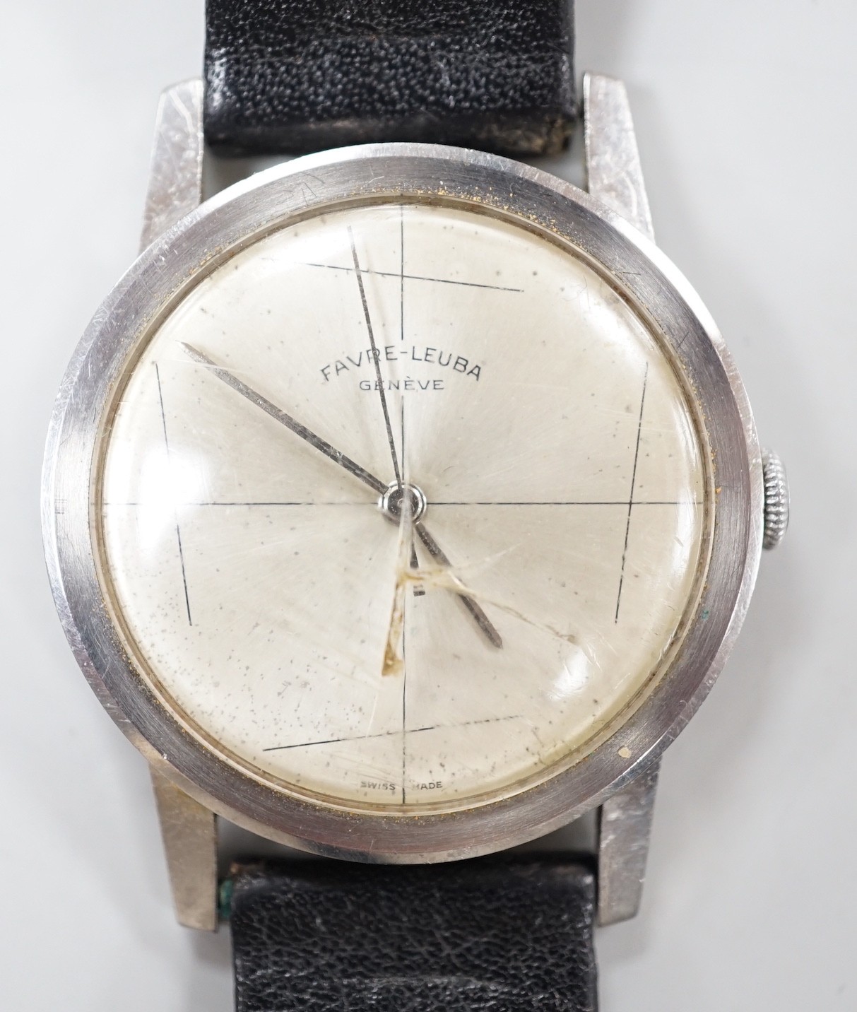 A gentleman's steel Favre Leuba manual wind dress wrist watch, case diameter 34mm, on associated leather strap.